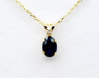 Gold Natural Blue Sapphire Pendant Necklace, 14K Yellow Gold Genuine Blue Sapphire 6x4mm with Diamond Pendant, September Birthstone