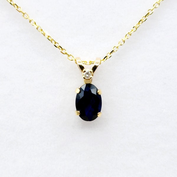 Gold Natural Blue Sapphire Pendant Necklace, 14K Yellow Gold Genuine Blue Sapphire 6x4mm with Diamond Pendant, September Birthstone