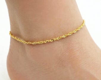 Tobillera de oro amarillo macizo de 10 quilates con cadena de Singapur, pulsera tobillera de oro trenzado, delicada pulsera tobillera de oro auténtico, tobillera de oro para mujer.