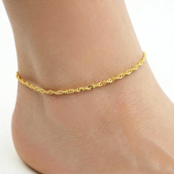 10K Solid Yellow Gold Singapore Chain Anklet, Twisted Gold Anklet Bracelet, Dainty Real Gold Ankle Bracelet, Gold Anklet for Women