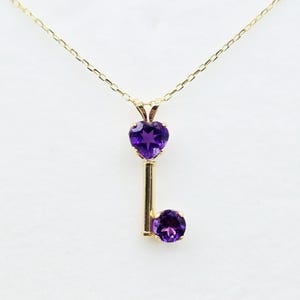 14K Gelbgold Amethyst Anhänger Halskette, echter Amethyst Februar Geburtsstein, Herz und Rundschliff handgemachtes Schmuck Geschenk