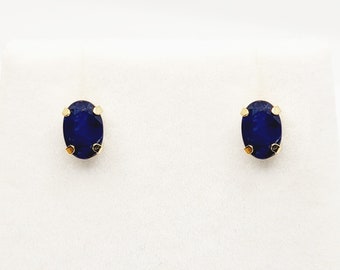 Gold Blue Sapphire Stud Earrings, 10K Yellow Gold Natural Blue Sapphire 6x4mm Stud Earrings, September Birthstone, Handmade Earrings