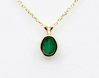 14K Yellow Gold Emerald Pendant Necklace, May Birthstone Bezel Setting