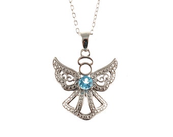 Sterling Silver Gemstone Angel Pendant Necklace, Birthstone Jewelry