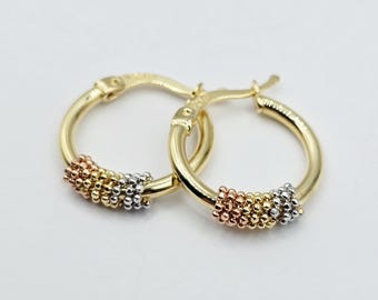 18K Solid Gold Tri-Color Hoop Earrings, 18mm , Anniversary Gift