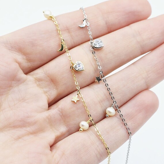 Moon and Stars Charm Bracelets Set of Two Sterling Silver Moon and Stars Charm Bracelets Set of Two Sterling Silver