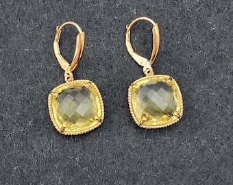 Gold Quartz Earrings, 10K Yellow Gold Lemon Quartz (12ct) Earrings, Gold Earrings For Her, Handmade Earrings, Big Gemstone Earrings