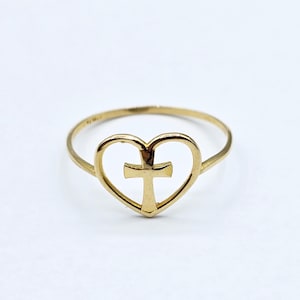 18K Yellow Gold Cross Ring , Heart & Cross Design Ring, Christian Gold Ring , Faith Jewelry Gift , Dainty Religious Ring for Women