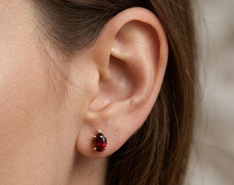 Gold Garnet Stud Earrings, Diamond Accent, January Birthstone 8x6mm