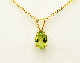 14K Gold Peridot Pendant Necklace, Handmade August Birthstone 6x4mm