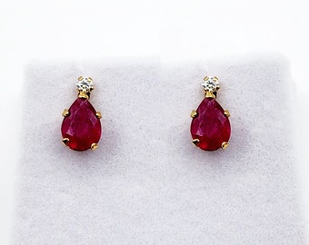 Gold Ruby Earrings, 10K Yellow Gold Pear Shaped Ruby 7x5mm with Moissanite Stud Earrings, July Birthstone Gift For Her