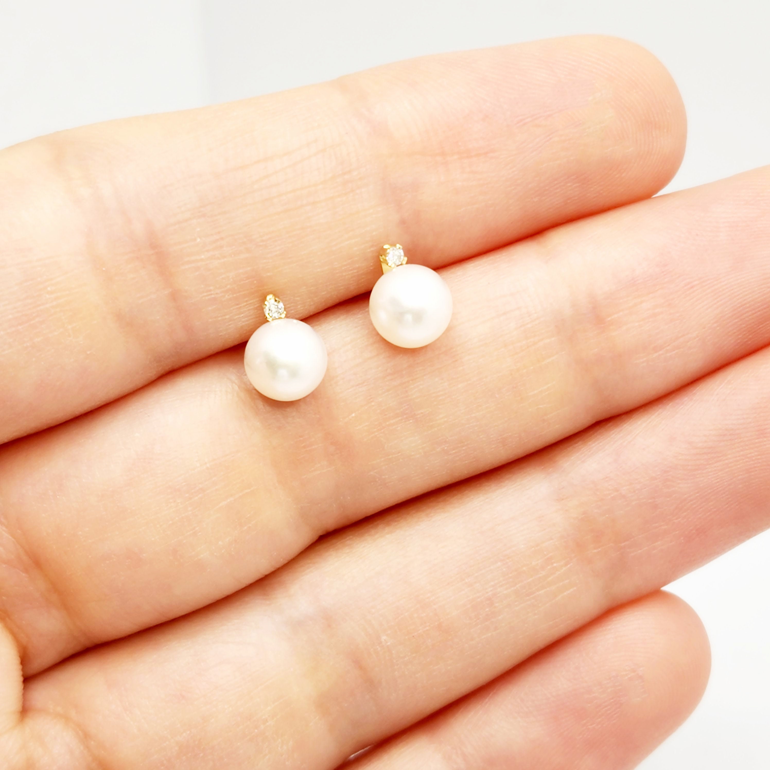 Boucles D'Oreilles En Or Jaune 14k - Perles De Culture & Diamants - Pendantes - Neuf