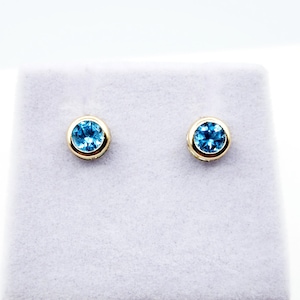 14K Gold Blue Topaz Bezel Stud Earrings, 14K Yellow Gold Genuine Blue Topaz 5x5mm Earrings, December Birthstone, Round Bezel Set Stud