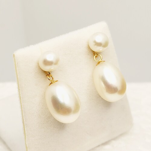 Gold Freshwater Pearl Drop Stud Earrings, 14K Yellow Gold Genuine Pearl Earrings, June Birthstone, Handmade Earrings, Earrings shops For Wedding