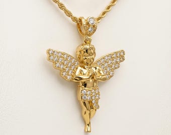 Ängelhänge i 10 karat gult guld, ängelhalsband med CZ-motiv, skyddsängelberlock, religiöst guldhänge, kerubhänge, trosmycken