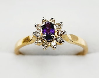 10K Yellow Gold Amethyst Diamond Ring, Birthstone Jewelry
