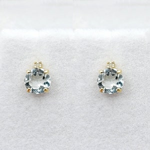 Genuine Aquamarine Earrings | 10K Yellow Gold Aquamarine with Diamond Stud Earrings