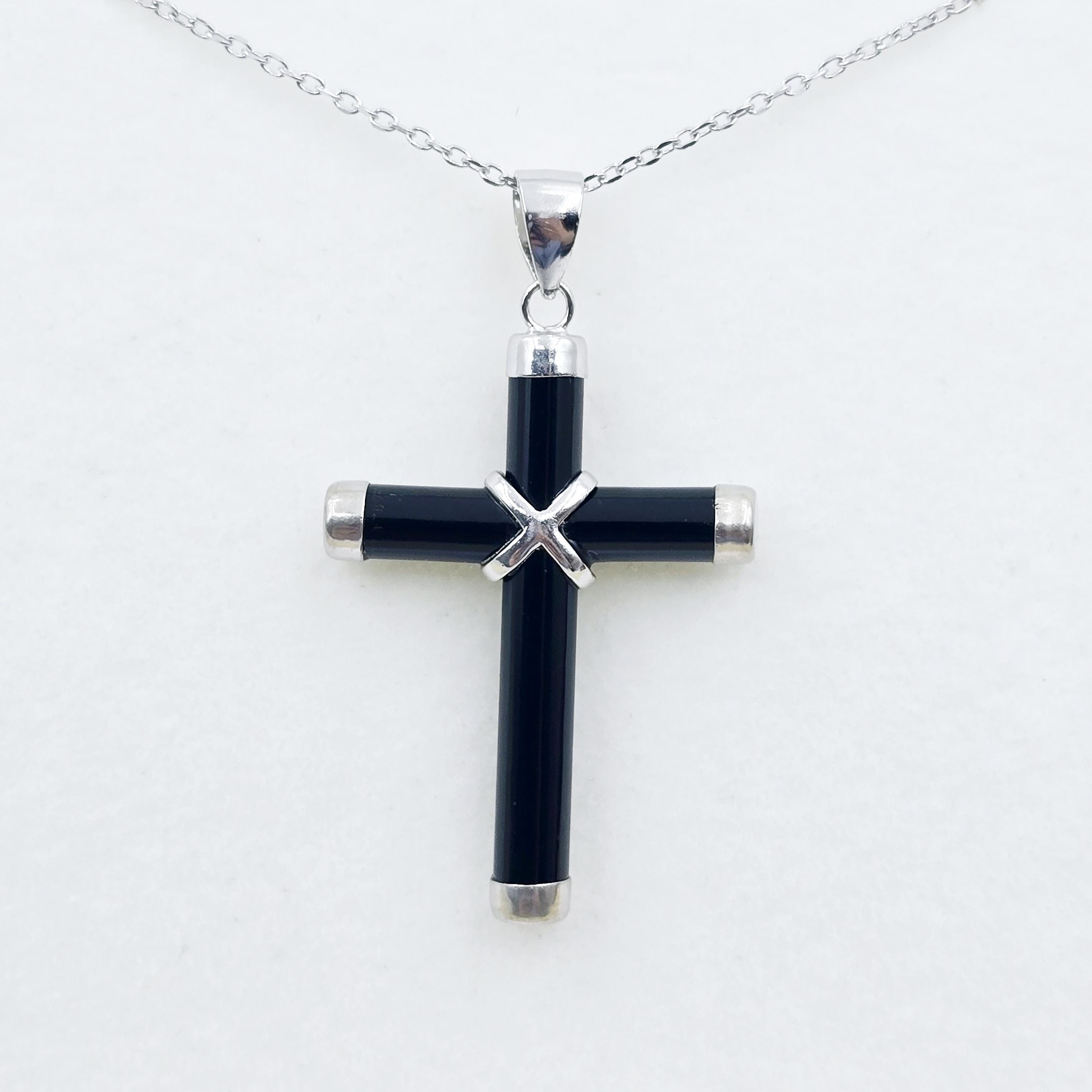 Sterlingzilveren echte zwarte kruishanger met ketting, zwarte kruisketting, kerstcadeau, nieuwjaarscadeau