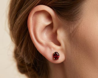 10K Yellow Gold Garnet Stud Earrings, January Birthstone 8x6mm, Fine Gold Jewelry