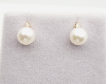 14K Gold Cultured Pearl Earrings with Diamond Accent, 6mm Pearl Stud Earrings, June Birthstone Jewelry, Real Gold Gift for Her