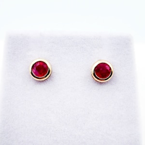 14K Gold Genuine Ruby Bezel Stud Earrings, 14K Yellow Gold Ruby 5x5mm Earrings, July Birthstone, Round Bezel Set Stud 5mm, Dainty Studs