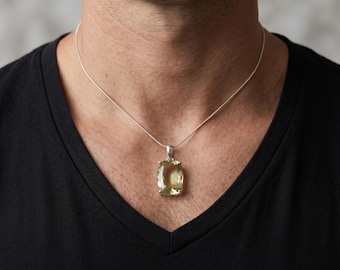 Green Amethyst Necklace Sterling Silver, Genuine Green Amethyst Pendant, Large Prasiolite Necklace, Statement Gemstone Necklace