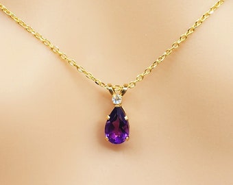 Gouden amethist hanger ketting, 10 kt geelgouden echte amethist 8 x 5 mm met maansteen hanger, edelsteen sieraden voor cadeau