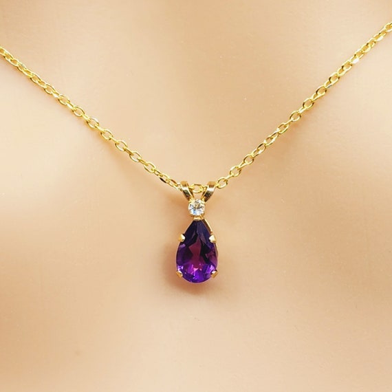 Pendentif Goutte En Améthyste Naturelle 18mm - Monture Plaqué Or 18K, Pierre Mauve, Fabrication Française