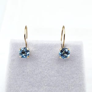 Solid Gold Genuine Blue Topaz Drop Earrings, 10K Yellow Gold Blue Topaz 5x5mm Earrings, December Birthstone