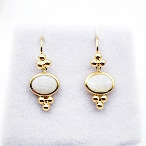 14K Yellow Gold Opal Drop Earrings, Dainty Drop Dangle Natural Gemstone Earrings, October Birthstone Gift Dangle Earrings for Women