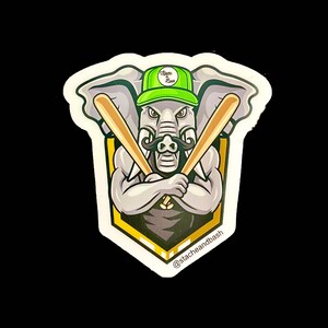 May include: A gray elephant wearing a green baseball cap with the text "Stache & Bash" on it. The elephant is holding two crossed baseball bats and has a mustache. The image is surrounded by a white border with the text "@stacheandbash" at the bottom.