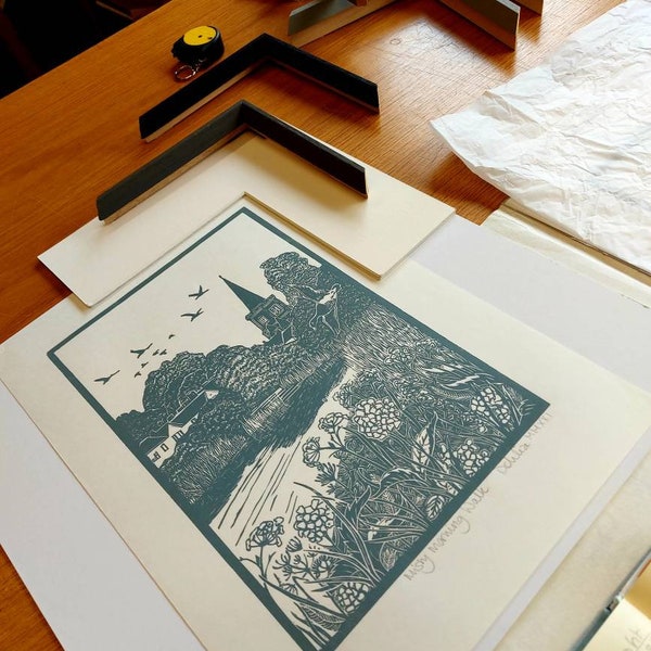 Misty Morning Walk Linocut Print – Hand Printed Riverside Landscape Art (Limited Edition)