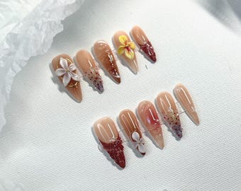 Peach Blossom Press On Nails – Long Almond Shape – Summer Beach Flower Nail Set with Shell Tips – Handmade Soft Gel Reusable Nails- Vacation