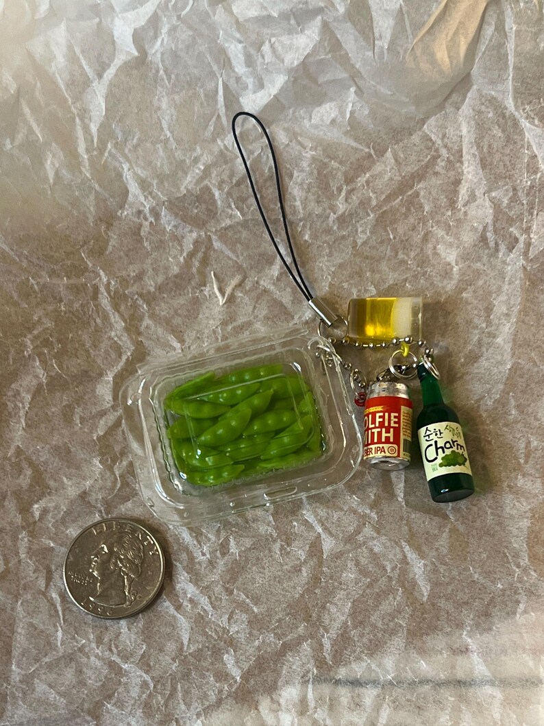 K&ouml;nnte beinhalten: Ein gr&uuml;ner Plastik-Schl&uuml;sselanh&auml;nger mit einem durchsichtigen Plastikbeh&auml;lter mit gr&uuml;nen Bohnen, einer rot-wei&szlig;en Dose mit der Aufschrift "Wolfie with IPA" und einer gr&uuml;nen Glasflasche mit der Aufschrift "Charm" in koreanischer Sprache.