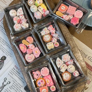 May include: Assorted miniature, colorful, decorative resin pieces in small metal trays. The trays are arranged on a wooden surface. The pieces include various shapes like animals, desserts, and other cute designs. The pieces are packaged in clear plastic.