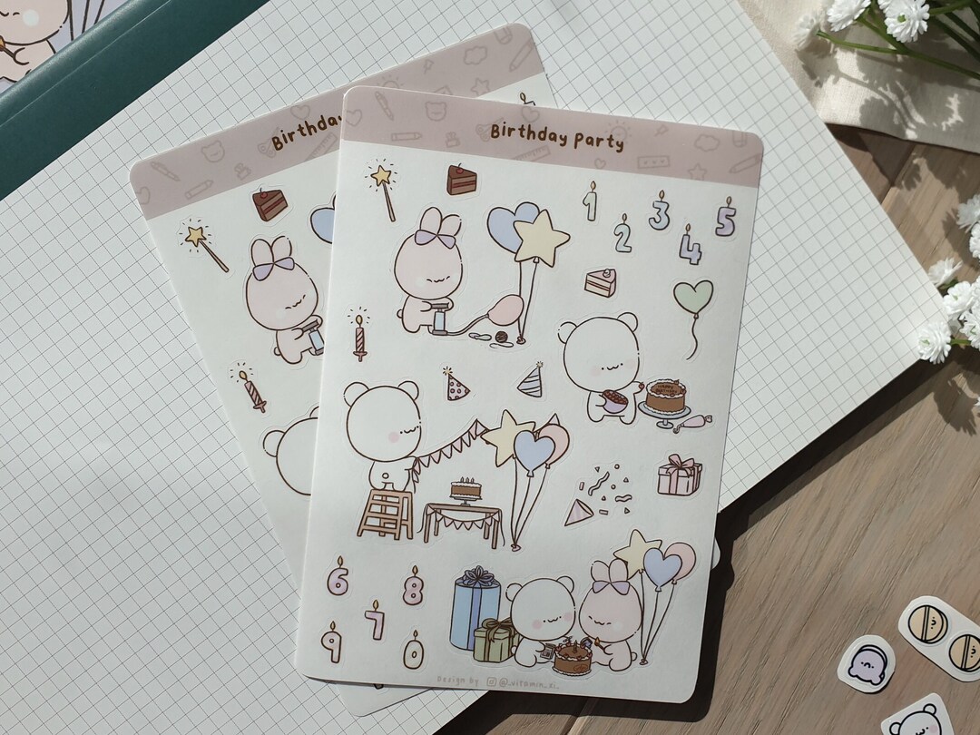 Birthday Party Sticker Sheet / Waterproof Gloss / Kawaii Cute Stickers ...