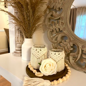 Macrame candle holders set with wooden tray and beaded garland. Free fast shipping!