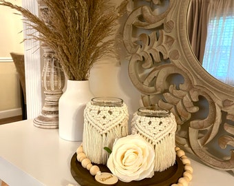 Macrame candle holders set with wooden tray and beaded garland. Free fast shipping!