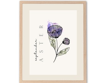 September Birth Flower Poster Instant Download | Aster Digital Wall Art Printable Print