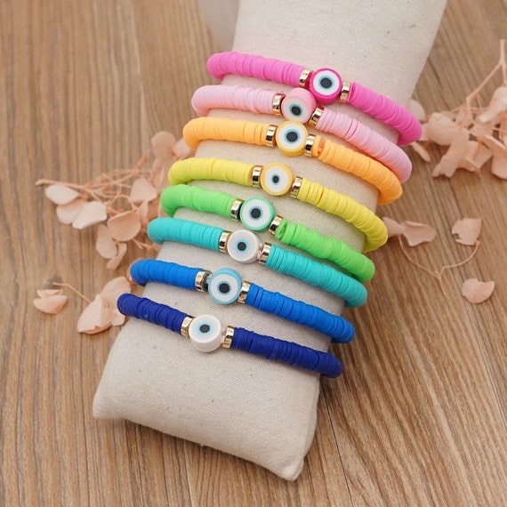 Evil Eye Bracelet Heishi Clay Beads Colorful Summer Mal De Ojo Protection  Symbol Good Luck Charm Talisman Jewelry Gift 