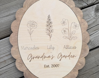 Jardim da vovó, presente de Dia das Mães para a mãe, presente de Dia das Mães para a avó, presente do filho, placa floral, flor do mês de nascimento, mês de nascimento