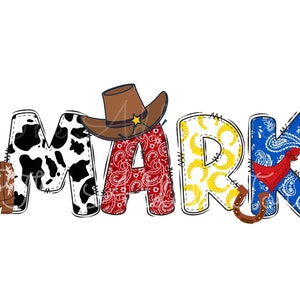 May include: The name "MARK" is spelled out in colorful letters. Each letter is decorated with a different pattern, including cowhide, paisley, and yellow horseshoes. A cowboy hat and boot are included in the design.