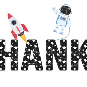 May include: A whimsical illustration featuring the name "HANK" in large, black letters filled with white stars. A red and white rocket blasts off from the "H", and an astronaut floats above the "NK". The background is white.