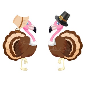 May include: Two cartoon turkeys with pink necks and brown bodies. One turkey is wearing a pilgrim hat and the other is wearing a pilgrim bonnet.