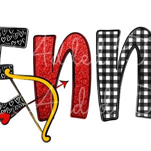 May include: The name "Jenny" is spelled out in colorful letters with different patterns. The letters are decorated with red hearts and a red and gold bow and arrow.