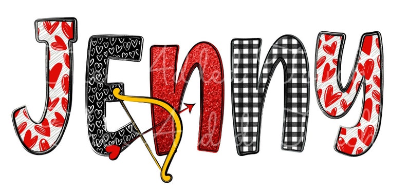 May include: The name "Jenny" is spelled out in colorful letters with different patterns. The letters are decorated with red hearts and a red and gold bow and arrow.