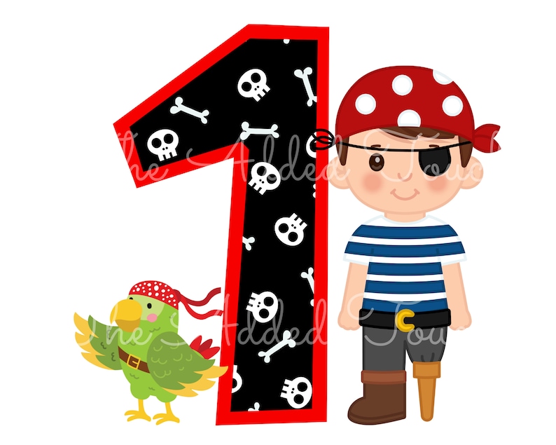 May include: A red, black, and white number one with a pirate theme. The number one is decorated with skulls and crossbones. A pirate with a red bandana, an eyepatch, and a striped shirt stands next to the number. A green parrot with a red bandana is standing next to the pirate.