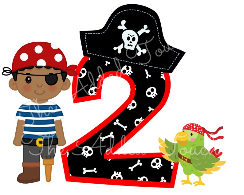 May include: A pirate-themed number two with a red border. The number is black with a pattern of white skulls and crossbones. A cartoon pirate with a red and white bandana, an eyepatch, and a blue and white striped shirt stands to the left of the number. A green parrot with a red and white bandana is to the right of the number.