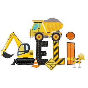 May include: A yellow construction vehicle themed name graphic with the name "ELI" spelled out in black letters. The letters are decorated with yellow and black striped barriers, a yellow construction truck, a yellow excavator, and a yellow and black "Under Construction" sign.
