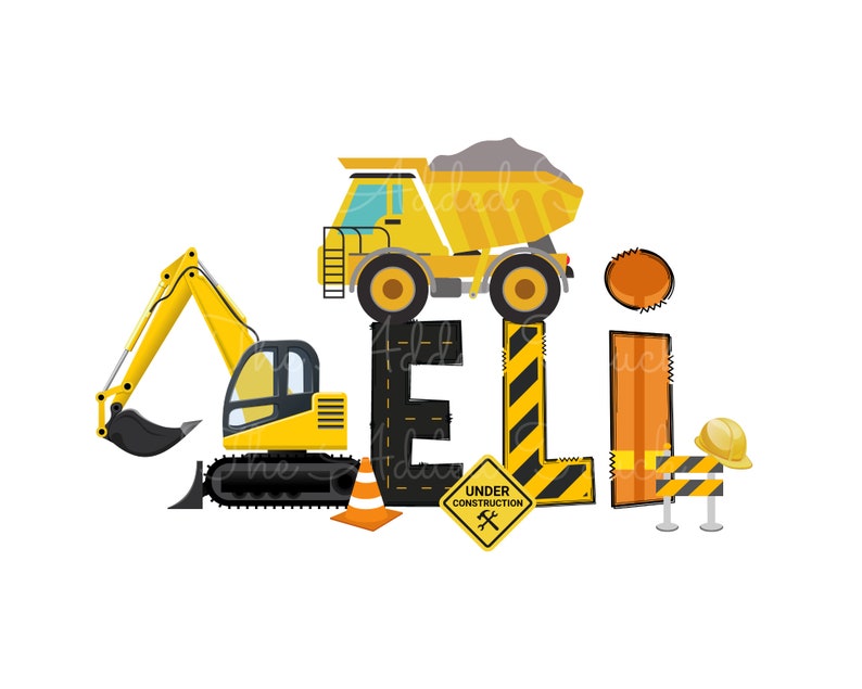 May include: A yellow construction vehicle themed name graphic with the name "ELI" spelled out in black letters. The letters are decorated with yellow and black striped barriers, a yellow construction truck, a yellow excavator, and a yellow and black "Under Construction" sign.